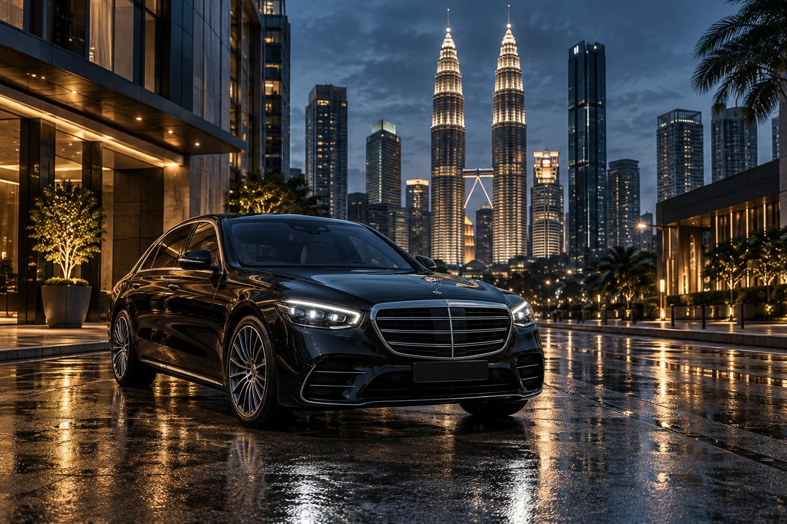 Luxury rental car with the Petronas Twin Towers in Kuala Lumpur
